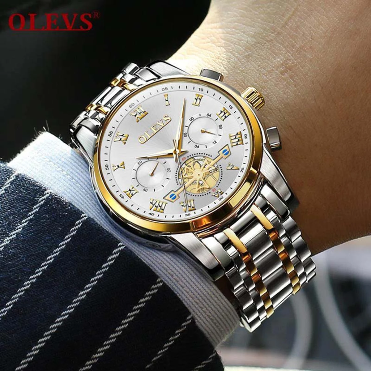 Men Quartz Date Tourbillon Chronograph Stainless Steel Hollow Waterproof Watches Luxury Fashion Clock