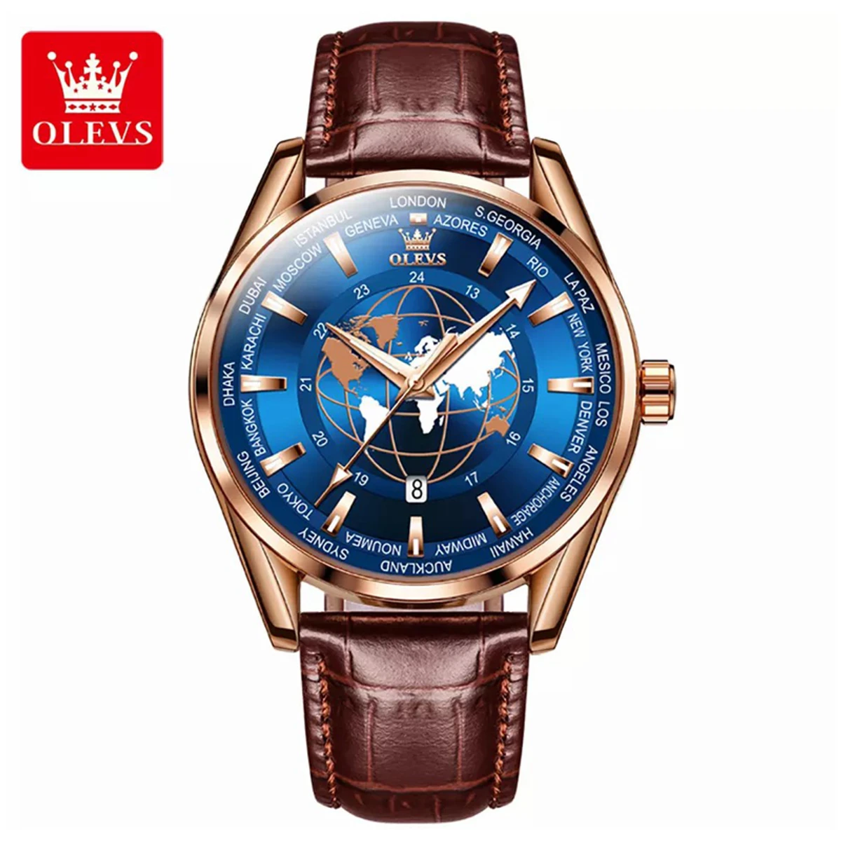 OLEVS For Mens Leather Globe world map Watch