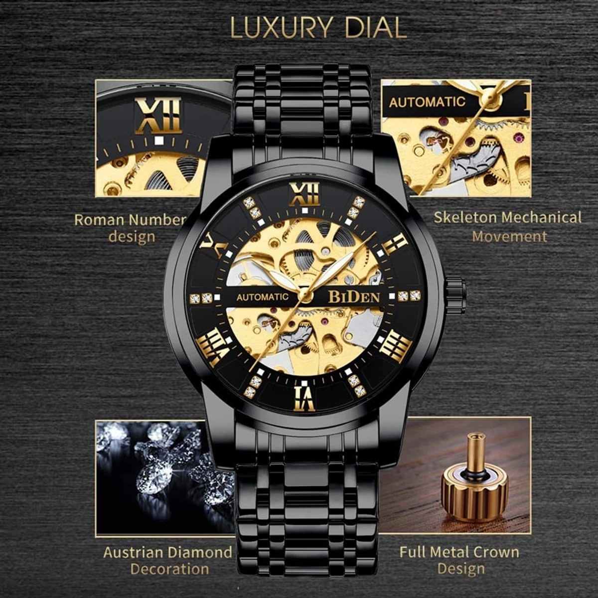 Mens Watches Black Mechanical Automatic Stainless Steel Skeleton Luxury Waterproof Wrist Watches for Men 3394