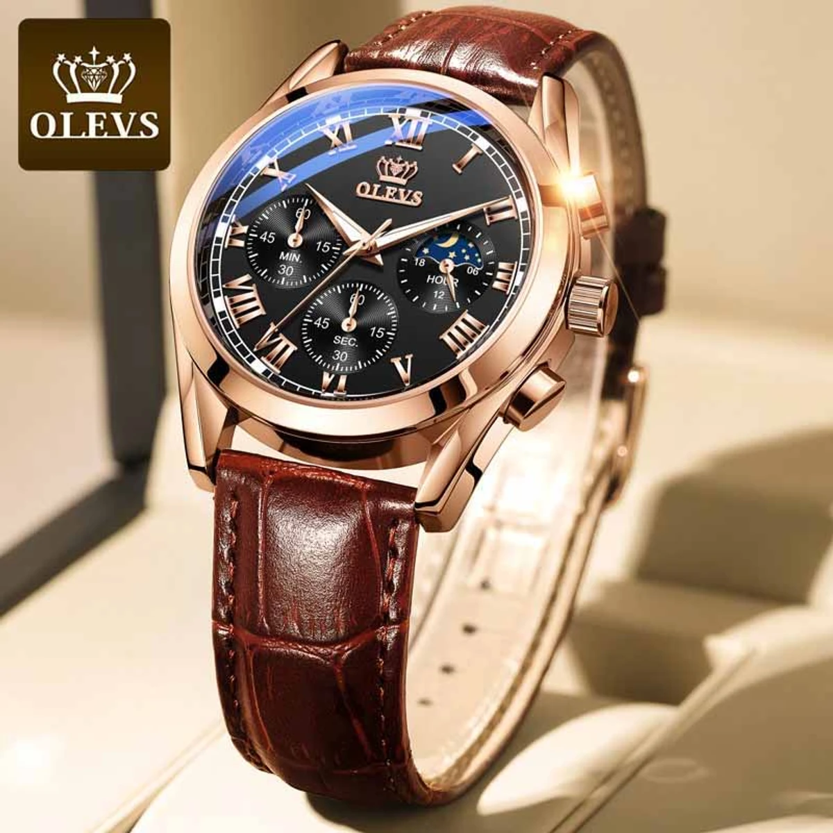 OLEVS Watch Men Quartz Original Relo Waterproof Genuine Leather Business Luminous 3D Sun Moon Star Multifunctional Design Calendar