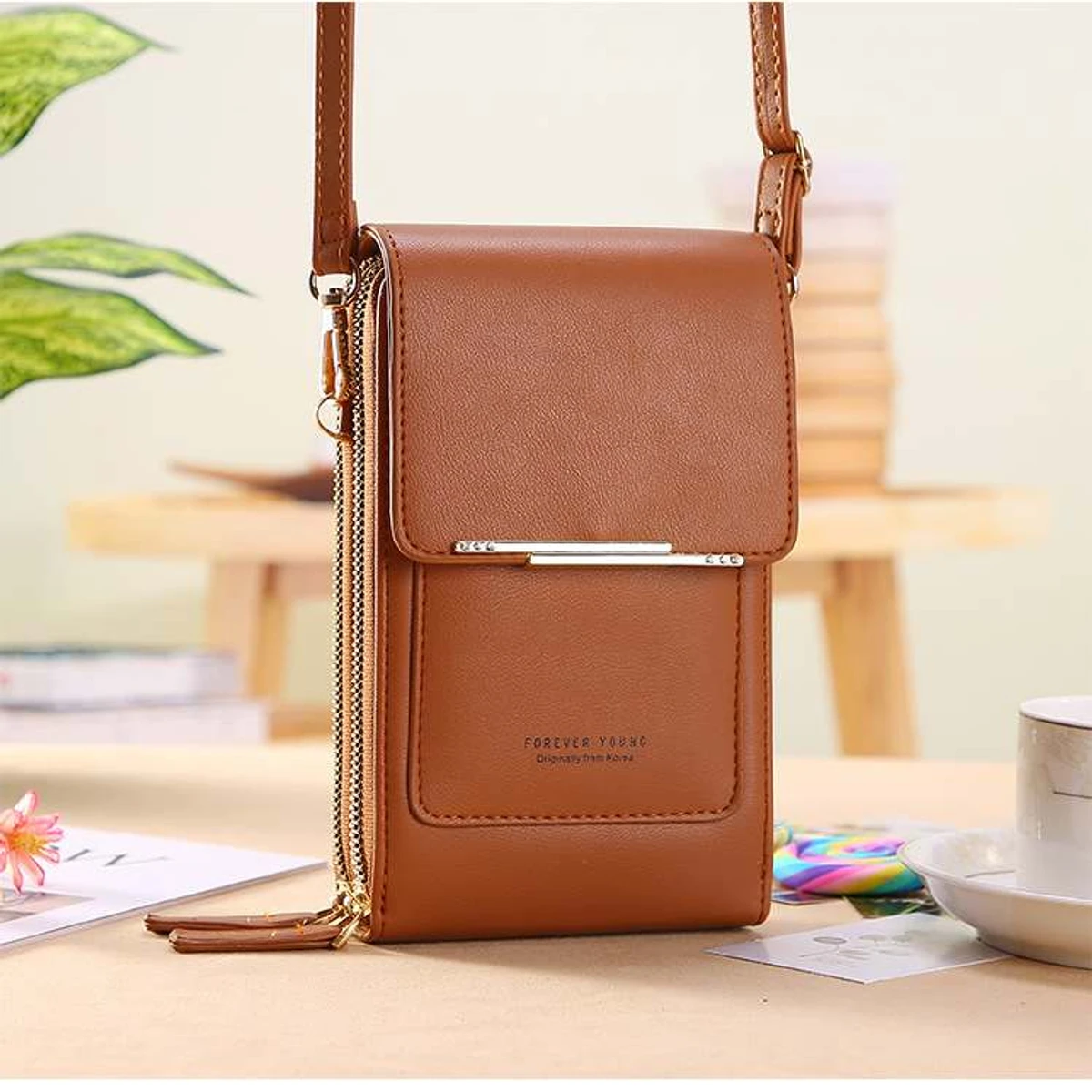 Women Bags Soft Leather Wallets Touch Screen ( brown color )