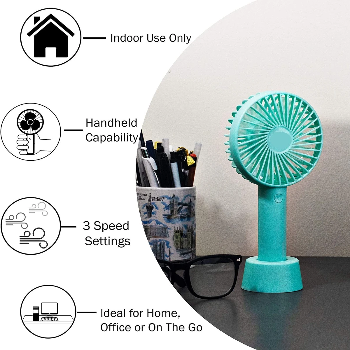 Careflection Mini Portable Fan, Powerful Hand Fan Dual Motors Personal Small Handheld Fan with Base, Cute Design 3 Speed Lightweight Makeup USB Rechargeable Fan for Girl, Women, Men, Indoor, Outdoor - Blue