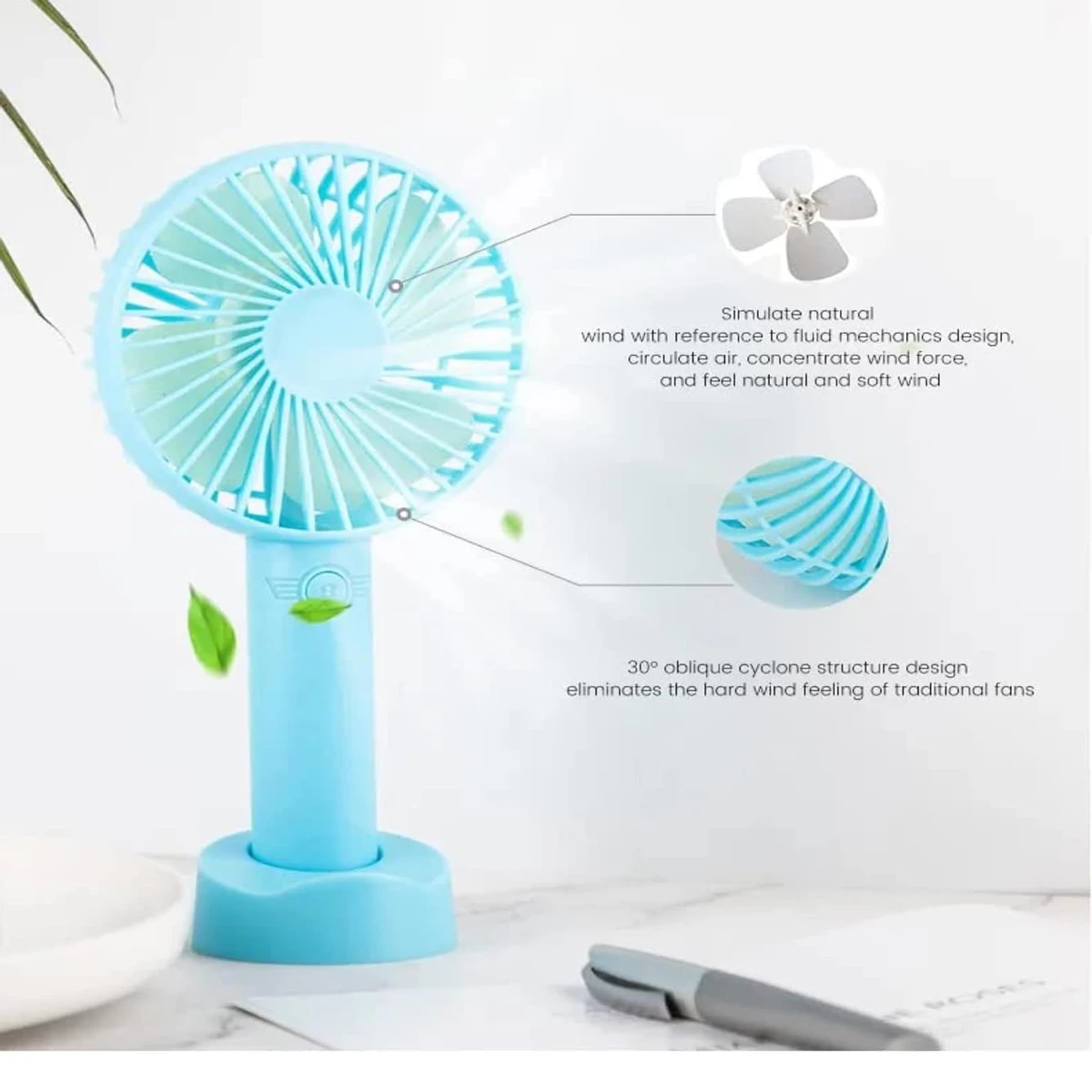 Careflection Mini Portable Fan, Powerful Hand Fan Dual Motors Personal Small Handheld Fan with Base, Cute Design 3 Speed Lightweight Makeup USB Rechargeable Fan for Girl, Women, Men, Indoor, Outdoor - Blue