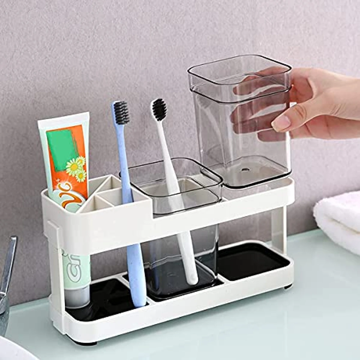 2 CUPS With 1 TOOTHBRUSH HOLDER STAND TOOTHPASTE STORAGE RACK REMOVABEL STORAGE ORGANIZER